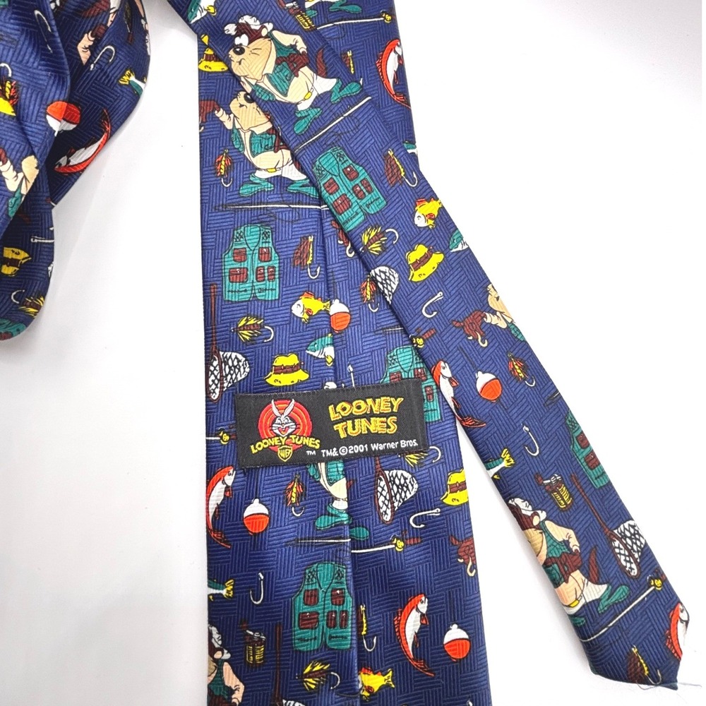 Vintage 2001 Looney Tunes Tie Taz Fishing‎ Navy Blue Novelty 4x57"